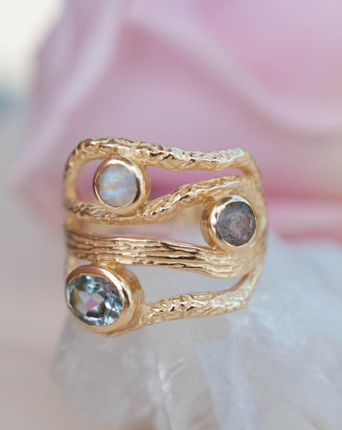 Labradorite , Moonstone & Blue Topaz Gold Plated 14k Ring  *Gemstones * Handmade * Statement * Natural * Organic * Gift for her BJR018