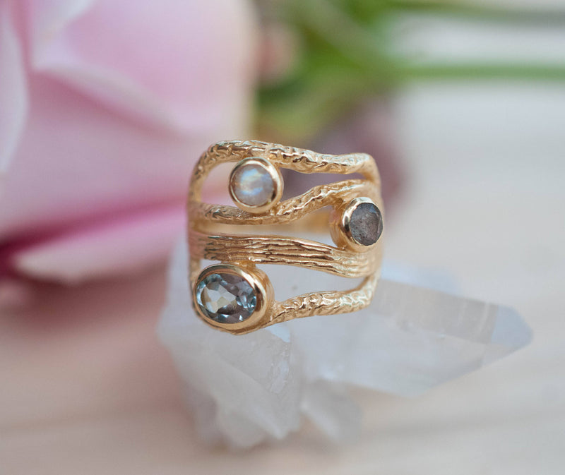 Labradorite , Moonstone & Blue Topaz Gold Plated 14k Ring  *Gemstones * Handmade * Statement * Natural * Organic * Gift for her BJR018