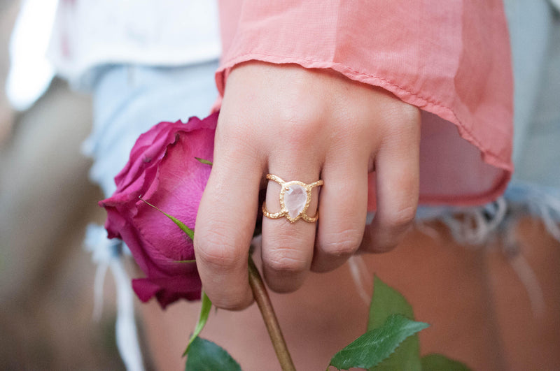 Rose Quartz Ring * Hammered Band * Gold Ring * Statement Ring * Gemstone Ring * Pink * Wedding Ring * Organic Ring * Natural* BJR142