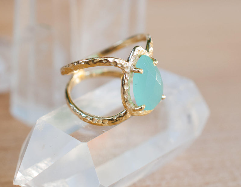 Aqua Chalcedony Ring * Hammered Band * Gold Ring * Statement Ring * Gemstone Ring * Wedding Ring * Organic Ring * Natural* BJR140