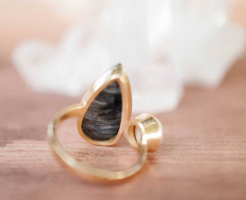 S A L E ** Chalcedony Desert Druzy & Pearl Ring * Gold * Statement *Gemstone * Fresh Water Pearl *Organic* Raw * Handmade*Tear Drop BJR231