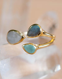 Gold Vermeil14k Ring * Labradorite * Moonstone * Aqua Chalcedony *Gemstones * Handmade * Statement * Natural * Organic * BJR042