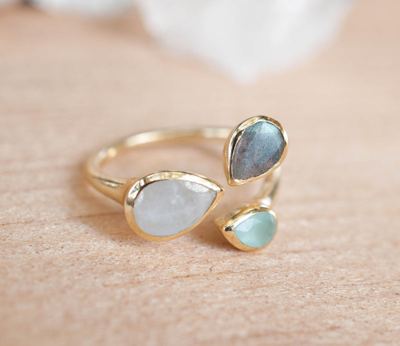 Gold Vermeil14k Ring * Labradorite * Moonstone * Aqua Chalcedony *Gemstones * Handmade * Statement * Natural * Organic * BJR042