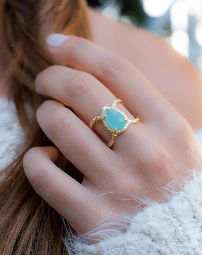 Aqua Chalcedony Ring * Hammered Band * Gold Ring * Statement Ring * Gemstone Ring * Wedding Ring * Organic Ring * Natural* BJR140