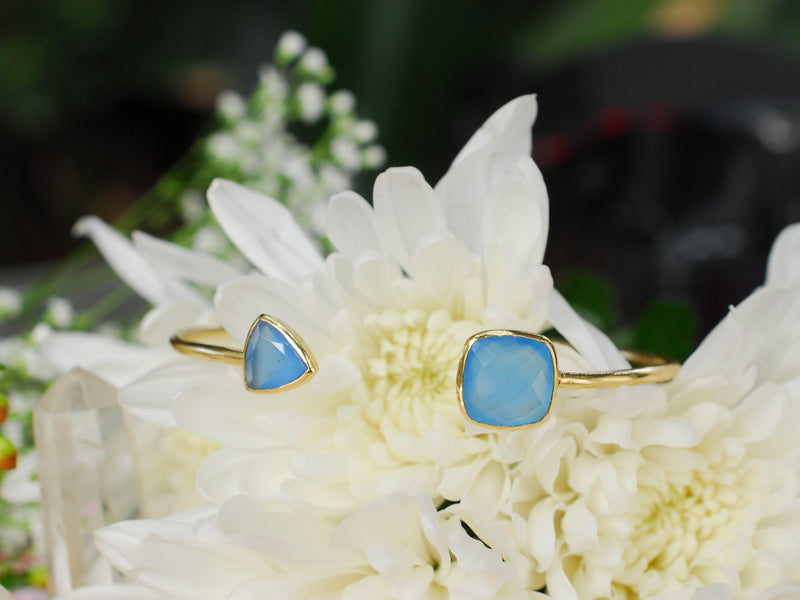 Blue Chalcedony Bangle Bracelet *Gold Plated 18k or Silver Plated* Gemstone * Gypsy * Adjustable * Statement * Stacking * Layering * BJB009B