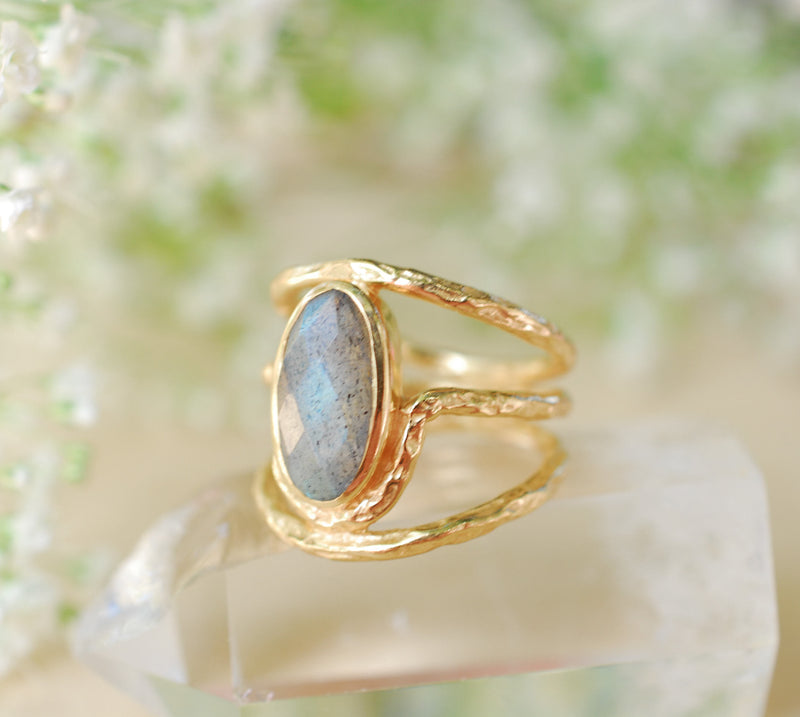 Gold Plated 18k Labradorite * Gemstone Ring * Handmade *Statement * Natural  Organic* Gift for her*Jewelry*Bycila*February Birthstone*BJR061