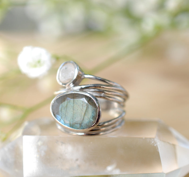 Silver Plated Ring * Labradorite * Moonstone * Gemstones * Handmade * Statement * Natural * Organic * Gift for her * Jewelry*Bycila*BJR074