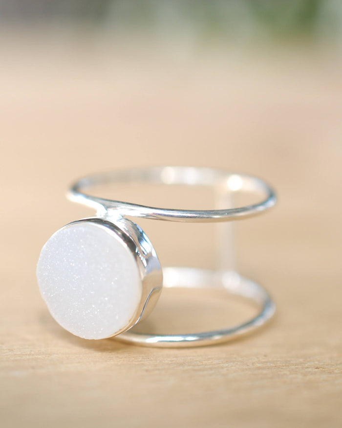 White Druzy Ring * Sterling Silver 925* Statement * Gemstone * White stone * Organic * Natural* Handmade* Thin Band BJR017