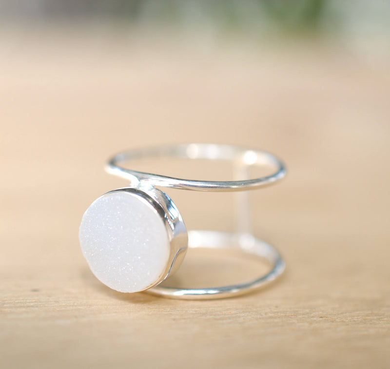 White Druzy Ring * Sterling Silver 925* Statement * Gemstone * White stone * Organic * Natural* Handmade* Thin Band BJR017