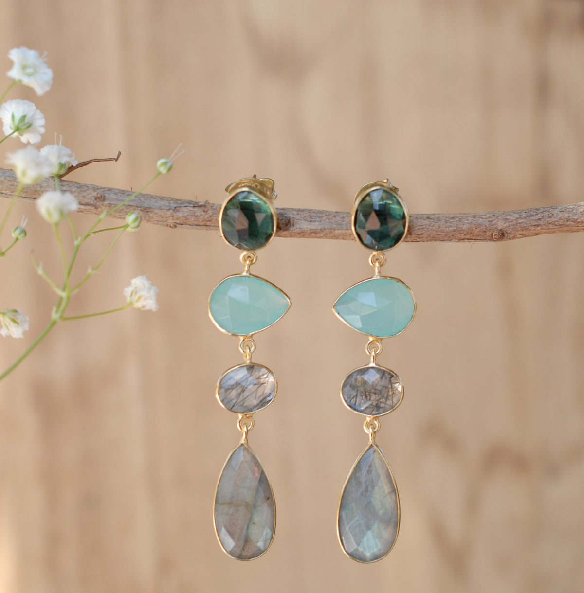 Bela Liz Earrings * Green Tourmaline Hydro, Aqua Chalcedony, Black Rutilated Quartz,& Labradorite * Gold Plated 18k * BJE087