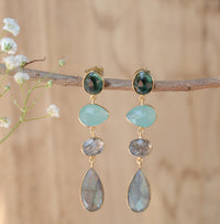 Bela Liz Earrings * Green Tourmaline Hydro, Aqua Chalcedony, Black Rutilated Quartz,& Labradorite * Gold Plated 18k * BJE087