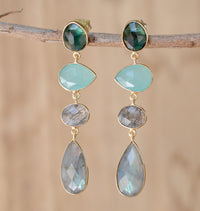 Bela Liz Earrings * Green Tourmaline Hydro, Aqua Chalcedony, Black Rutilated Quartz,& Labradorite * Gold Plated 18k * BJE087