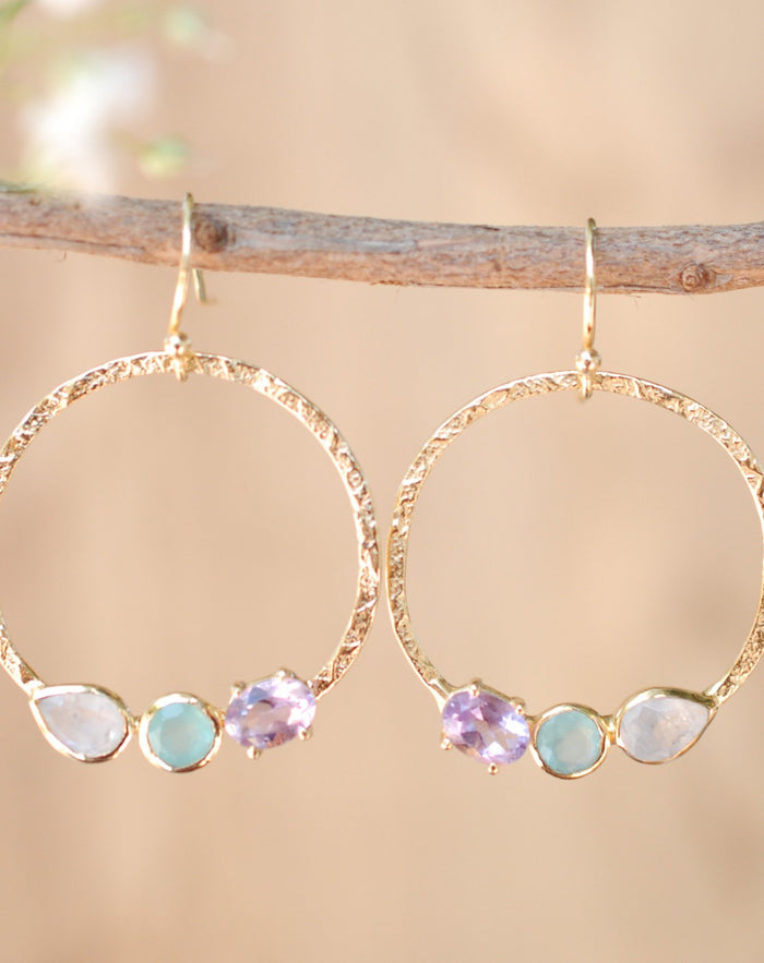 Esther Earrings * Rainbow Moonstone, Aqua Chalcedony & Amethyst  * Gold Plated 18k * BJE093