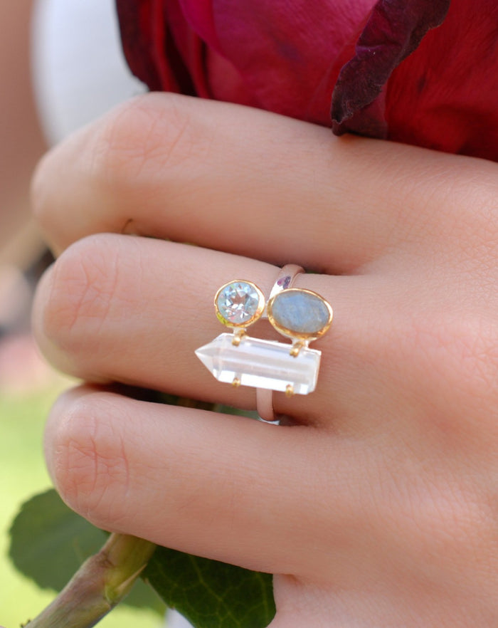 Crystal, Blue Topaz & Labradorite Sterling Silver 925 and Gold Vermeil *Crystal Quartz *Gemstones* Handmade Jewelry* Bycila* BJR055