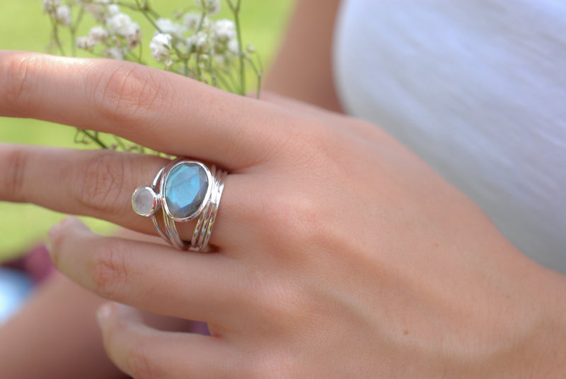 Silver Plated Ring * Labradorite * Moonstone * Gemstones * Handmade * Statement * Natural * Organic * Gift for her * Jewelry*Bycila*BJR074