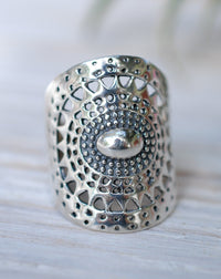 Mandala Sterling Silver Ring * Statement Ring * Large * Wide * Filigree * Handmade * Boho * Hippie *Jewelry* Bycila* Gift for Her BJR192