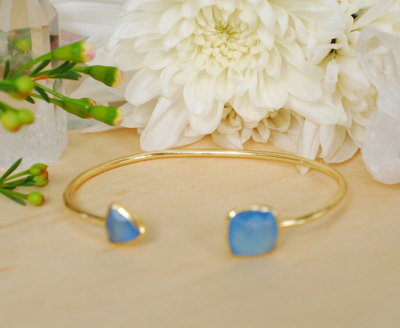 Blue Chalcedony Bangle Bracelet *Gold Plated 18k or Silver Plated* Gemstone * Gypsy * Adjustable * Statement * Stacking * Layering * BJB009B
