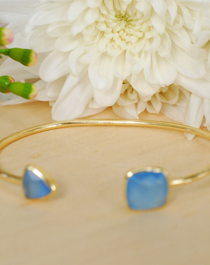 Blue Chalcedony Bangle Bracelet *Gold Plated 18k or Silver Plated* Gemstone * Gypsy * Adjustable * Statement * Stacking * Layering * BJB009A