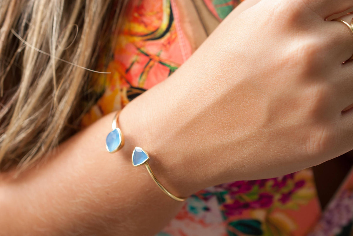 Blue Chalcedony Bangle Bracelet *Gold Plated 18k or Silver Plated* Gemstone * Gypsy * Adjustable * Statement * Stacking * Layering * BJB009B