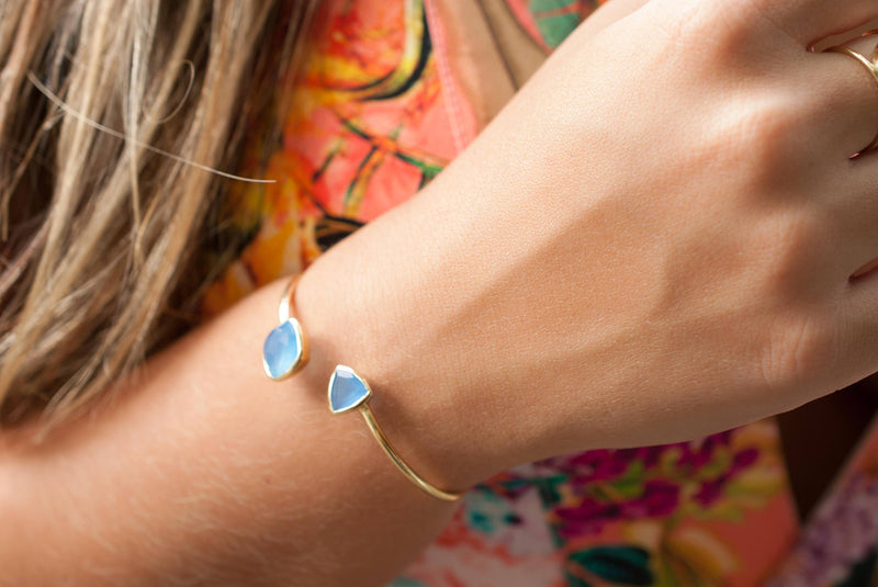 Blue Chalcedony Bangle Bracelet *Gold Plated 18k or Silver Plated* Gemstone * Gypsy * Adjustable * Statement * Stacking * Layering * BJB009B