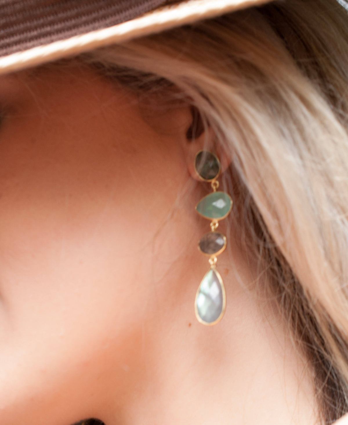 Bela Liz Earrings * Green Tourmaline Hydro, Aqua Chalcedony, Black Rutilated Quartz,& Labradorite * Gold Plated 18k * BJE087