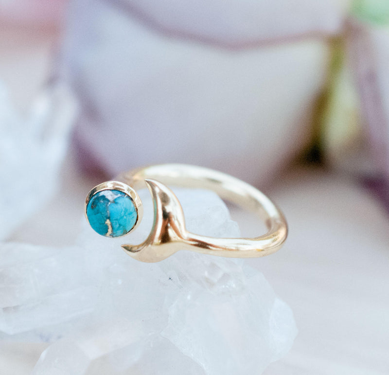 S A L E * Last Chance * Copper Turquoise Half Moon Ring * Gold * Adjustable * Wrap * Boho * Jewelry *Blue* BJR065