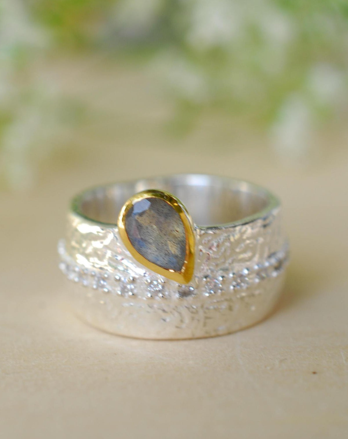 Rainbow Labradorite Ring * Sterling Silver 925 * Boho * Organic * Gold Vermeil * Mix metals* Gypsy * Hammered Band * Cubic Zirconia BJR201