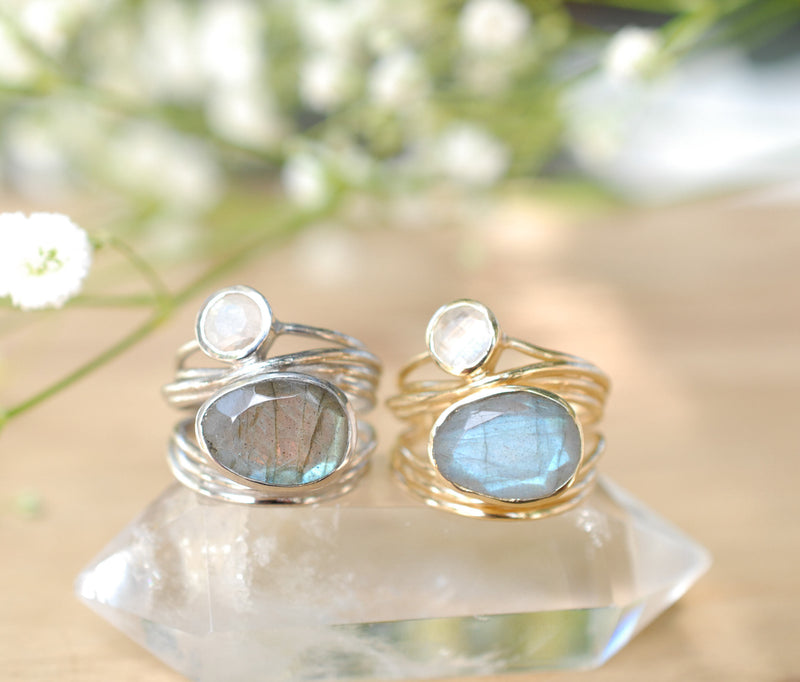 Silver Plated Ring * Labradorite * Moonstone * Gemstones * Handmade * Statement * Natural * Organic * Gift for her * Jewelry*Bycila*BJR074