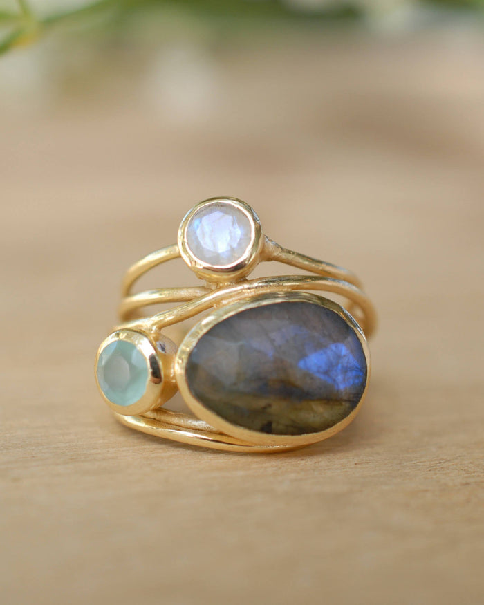 Gold Plated 18k Ring * Labradorite * Moonstone * Aqua Chalcedony *Gemstones * Handmade * Statement * Natural * Organic * Gift for her BJR100