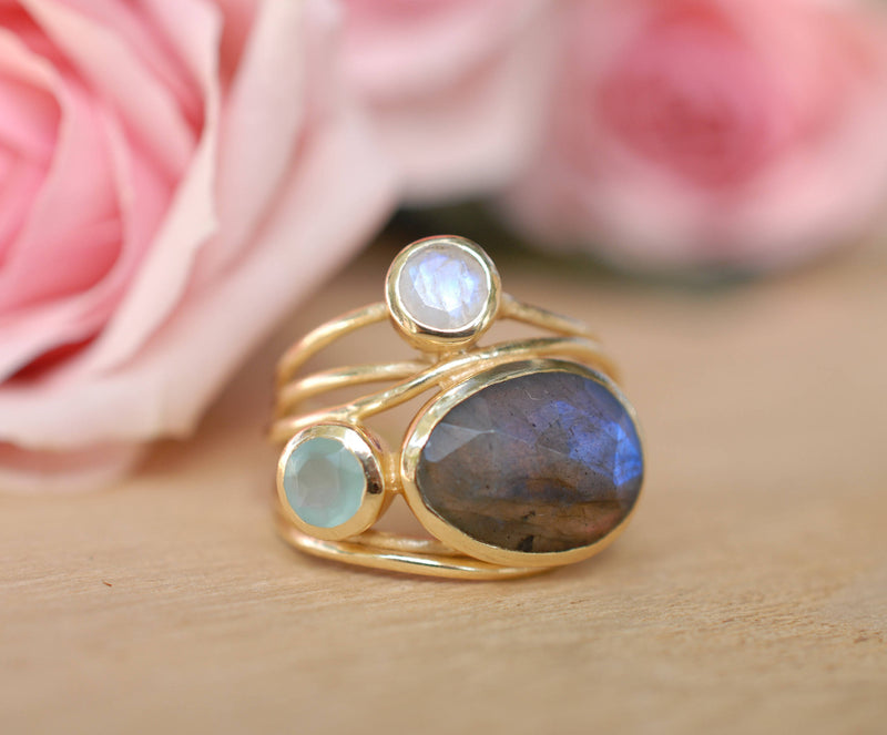 Gold Plated 18k Ring * Labradorite * Moonstone * Aqua Chalcedony *Gemstones * Handmade * Statement * Natural * Organic * Gift for her BJR100