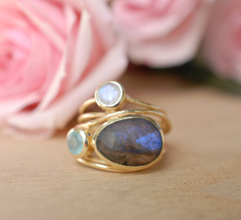 Gold Plated 18k Ring * Labradorite * Moonstone * Aqua Chalcedony *Gemstones * Handmade * Statement * Natural * Organic * Gift for her BJR100