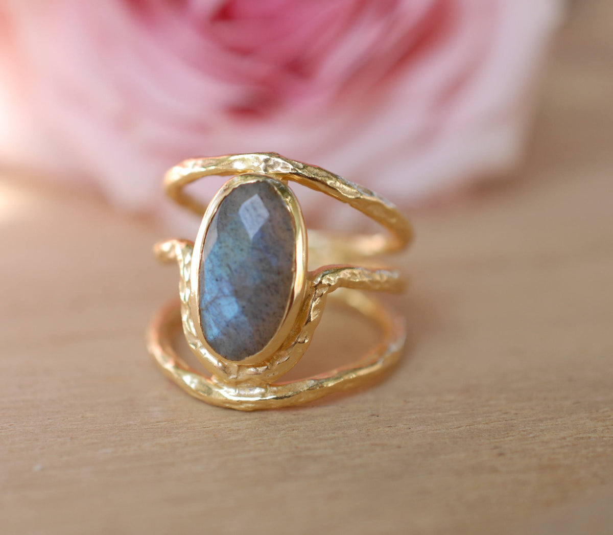 Gold Plated 18k Labradorite * Gemstone Ring * Handmade *Statement * Natural  Organic* Gift for her*Jewelry*Bycila*February Birthstone*BJR061