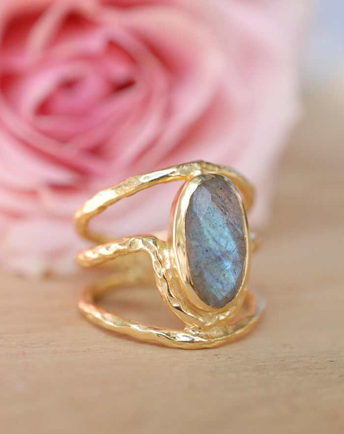 Gold Plated 18k Labradorite * Gemstone Ring * Handmade *Statement * Natural  Organic* Gift for her*Jewelry*Bycila*February Birthstone*BJR061