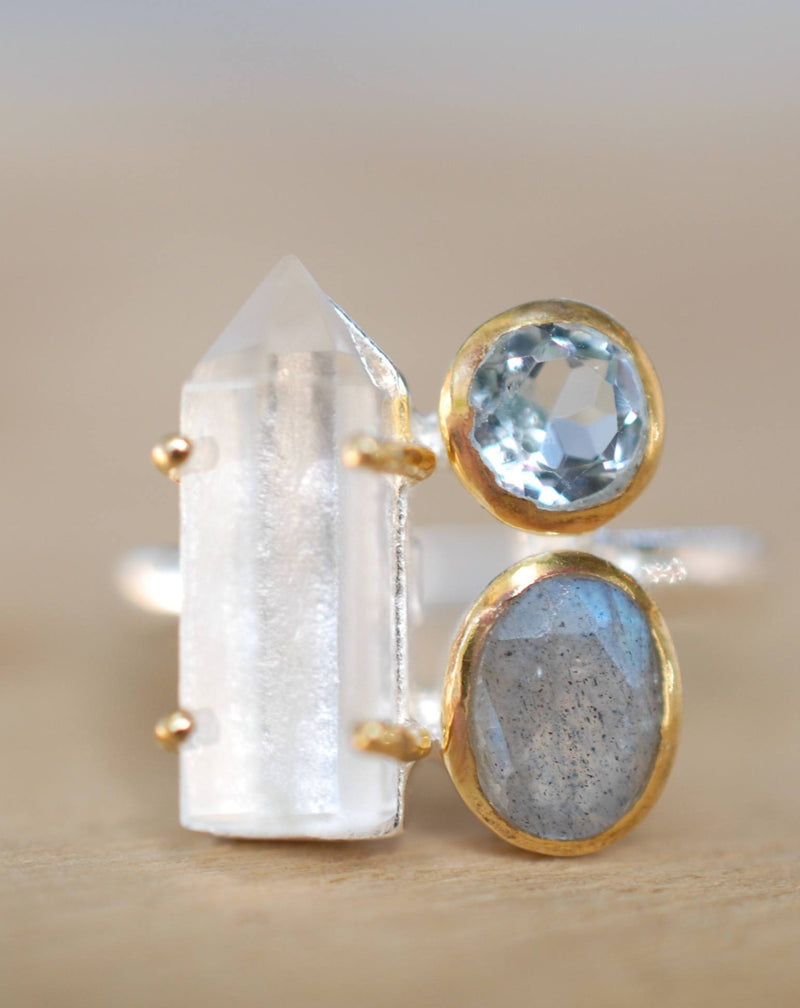Crystal, Blue Topaz & Labradorite Sterling Silver 925 and Gold Vermeil *Crystal Quartz *Gemstones* Handmade Jewelry* Bycila* BJR055
