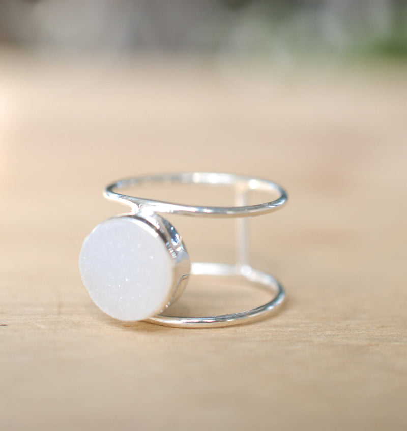 White Druzy Ring * Sterling Silver 925* Statement * Gemstone * White stone * Organic * Natural* Handmade* Thin Band BJR017