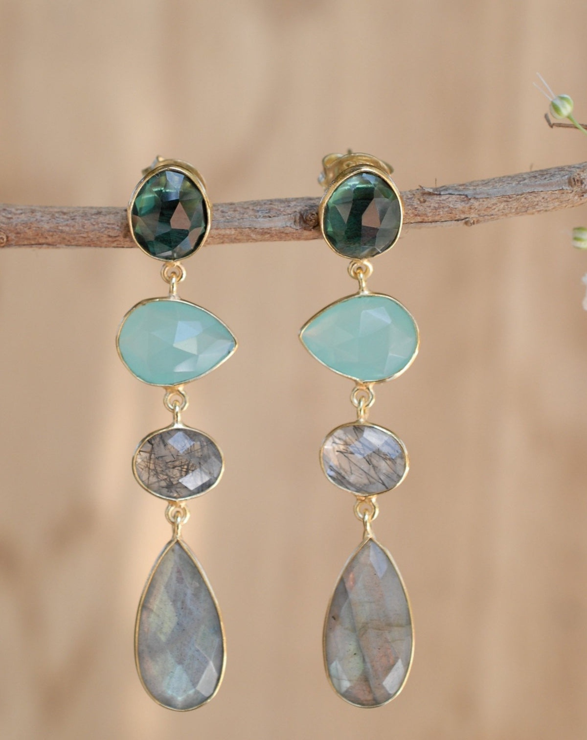 Bela Liz Earrings * Green Tourmaline Hydro, Aqua Chalcedony, Black Rutilated Quartz,& Labradorite * Gold Plated 18k * BJE087