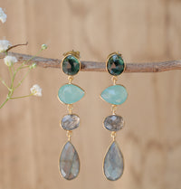 Bela Liz Earrings * Green Tourmaline Hydro, Aqua Chalcedony, Black Rutilated Quartz,& Labradorite * Gold Plated 18k * BJE087