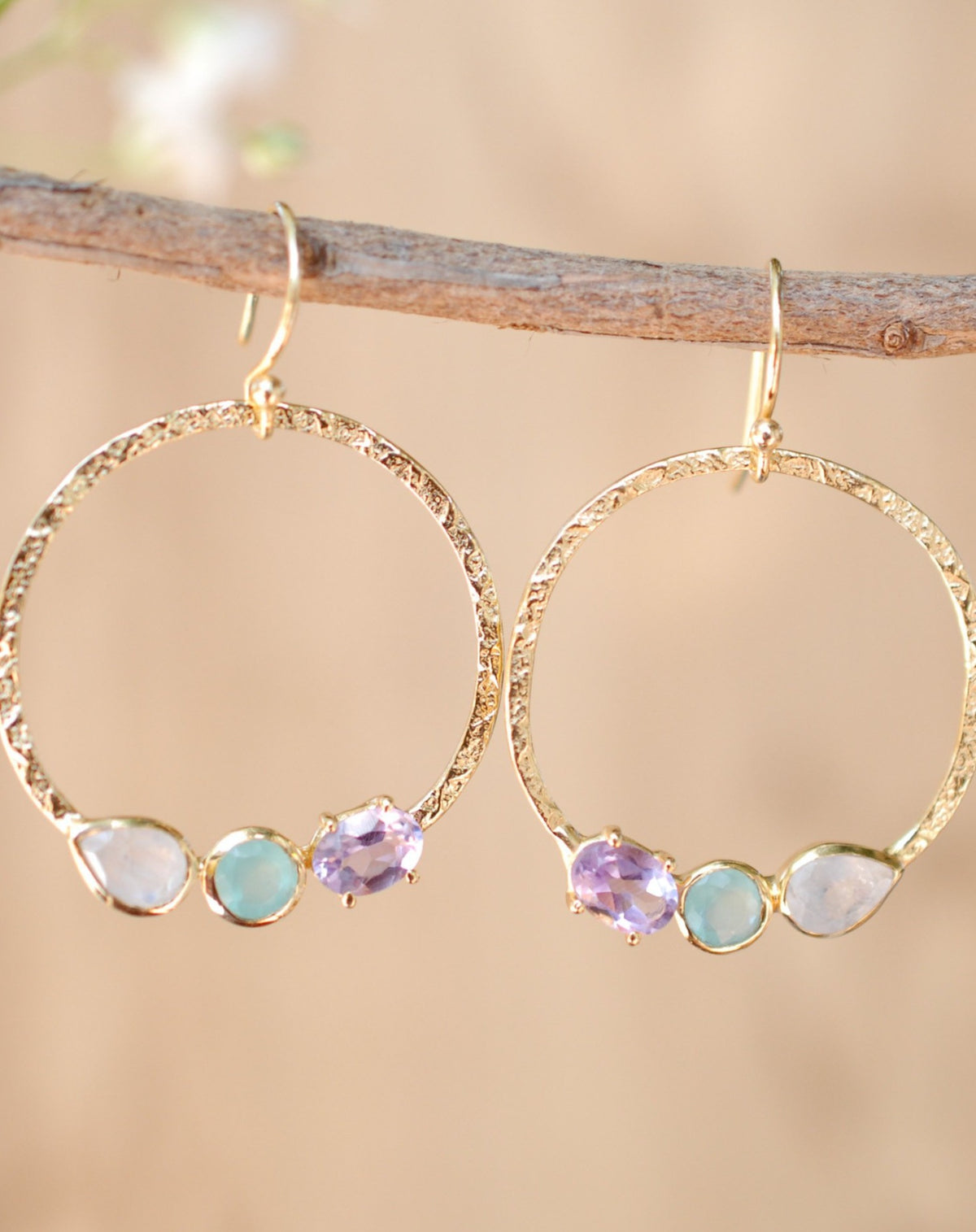 Esther Earrings * Rainbow Moonstone, Aqua Chalcedony & Amethyst  * Gold Plated 18k * BJE093