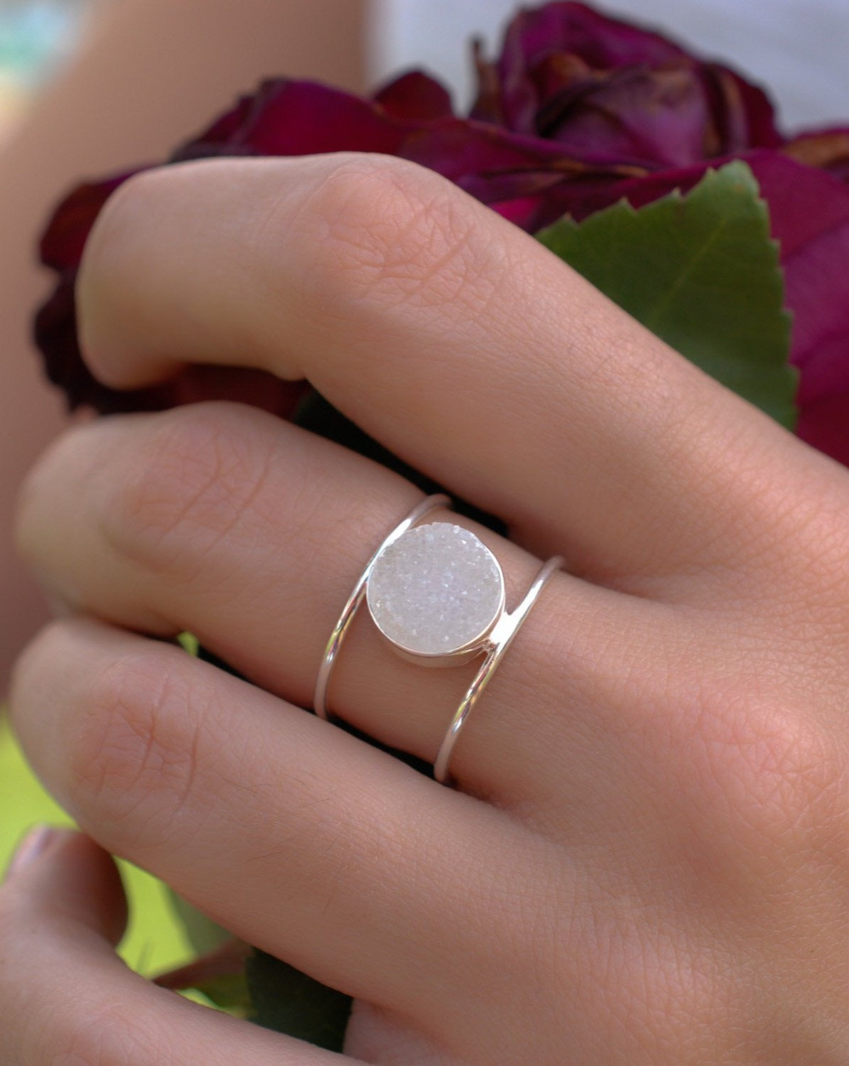 White Druzy Ring * Sterling Silver 925* Statement * Gemstone * White stone * Organic * Natural* Handmade* Thin Band BJR017