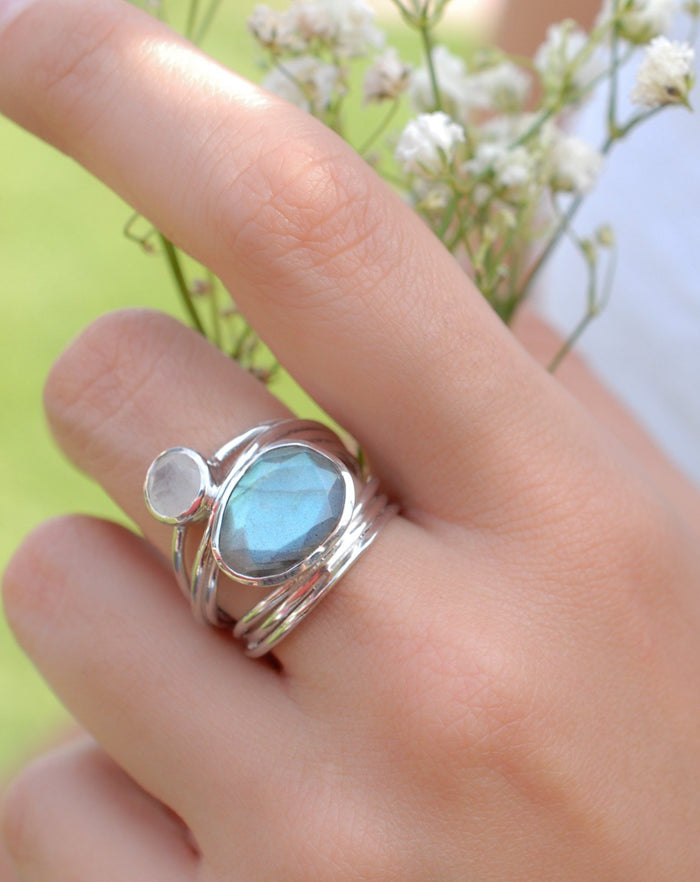 Silver Plated Ring * Labradorite * Moonstone * Gemstones * Handmade * Statement * Natural * Organic * Gift for her * Jewelry*Bycila*BJR074