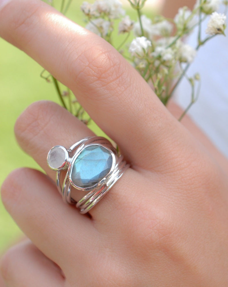 Silver Plated Ring * Labradorite * Moonstone * Gemstones * Handmade * Statement * Natural * Organic * Gift for her * Jewelry*Bycila*BJR074