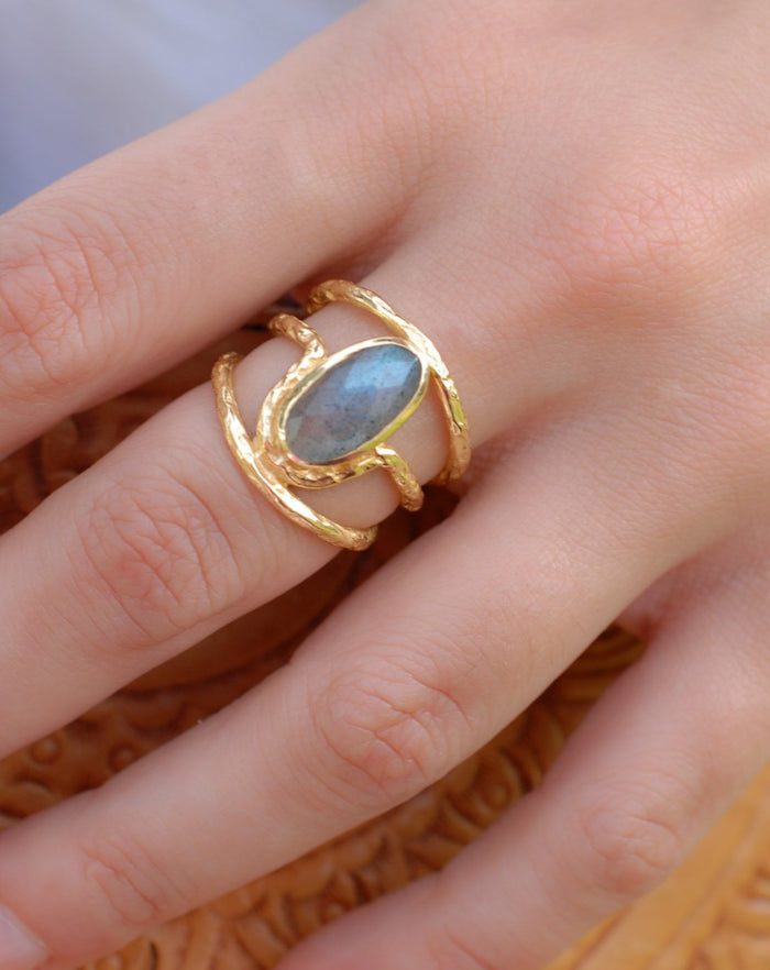 Gold Plated 18k Labradorite * Gemstone Ring * Handmade *Statement * Natural  Organic* Gift for her*Jewelry*Bycila*February Birthstone*BJR061