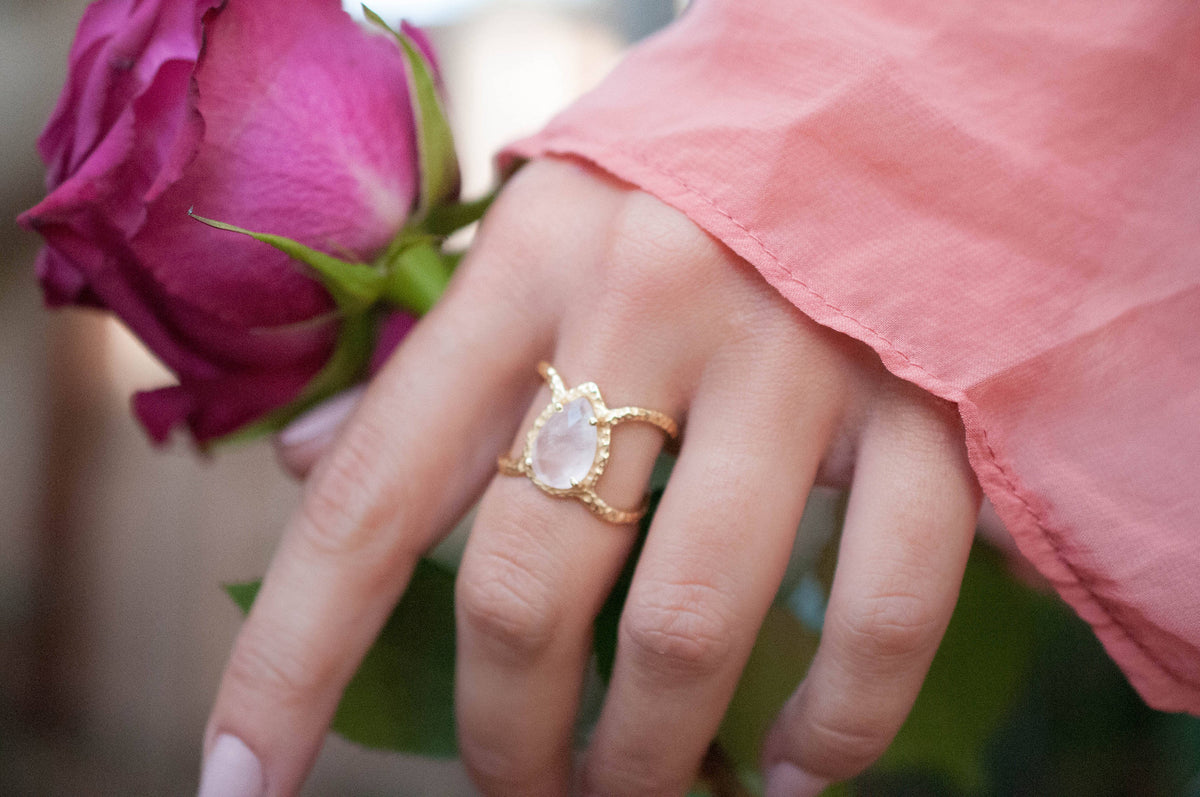 Rose Quartz Ring * Hammered Band * Gold Ring * Statement Ring * Gemstone Ring * Pink * Wedding Ring * Organic Ring * Natural* BJR142