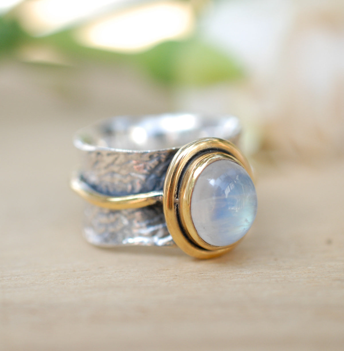 Moonstone ring * Sterling silver ring * Gold Vermeil ring * Wide ring * Handmade ring * Wave band ring * Gemstone* Rainbow Moonstone BJR205