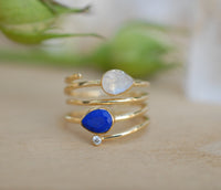 Lapis Lazuli & Moonstone Gold Plated 18k Ring * Blue stone* Gemstones * Handmade *Statement *Gift for her *Spiral Ring Jewelry*Bycila*BJR059