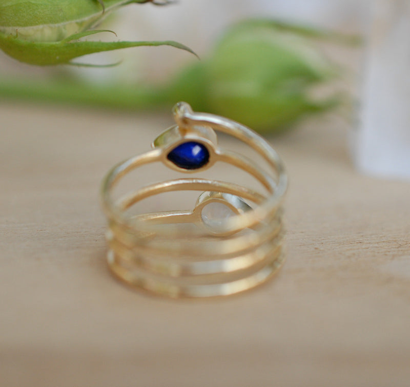 Lapis Lazuli & Moonstone Gold Plated 18k Ring * Blue stone* Gemstones * Handmade *Statement *Gift for her *Spiral Ring Jewelry*Bycila*BJR059