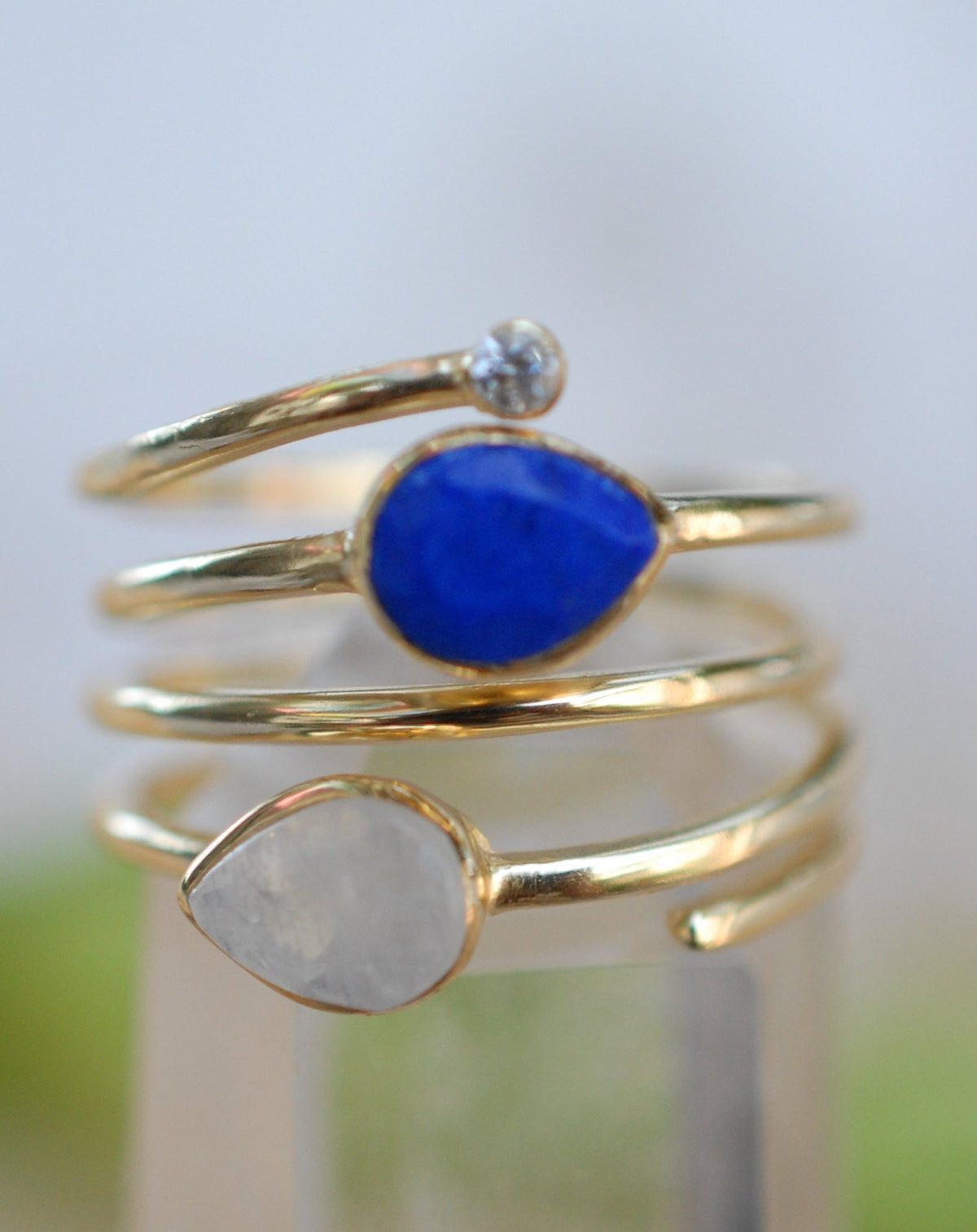 Lapis Lazuli & Moonstone Gold Plated 18k Ring * Blue stone* Gemstones * Handmade *Statement *Gift for her *Spiral Ring Jewelry*Bycila*BJR059