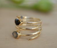 Black Onyx & Labradorite Gold Plated 18k Ring * Black stone* Gemstones * Handmade *Statement *Gift for her*Spiral Ring Jewelry*Bycila*BJR058