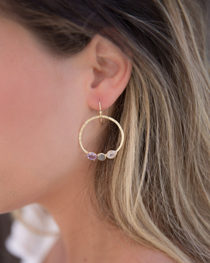 Rose Quartz, Labradorite & Amethyst * Earrings * Geometric * Empty Circle * Handmade Gemstone * Dangle * Gold * BJE099