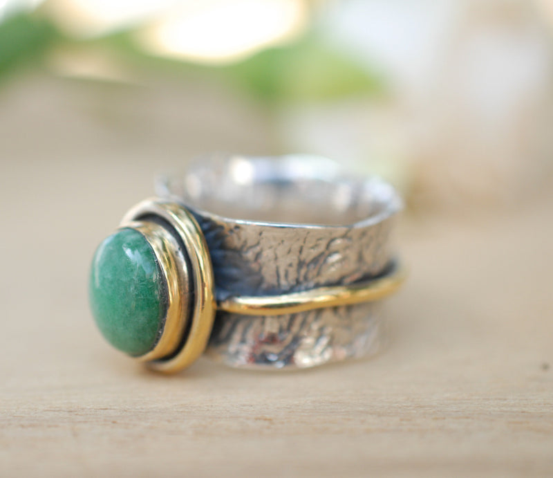 Emerald ring * Sterling silver ring * Gold Vermeil ring * Wide ring * Handmade ring * Wave band ring * Gemstone* Green Stone BJR207